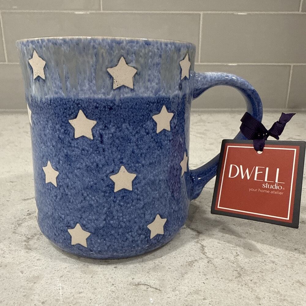 Dwell Studio STARS Hand Dipped Ceramic 18oz Coffee Mug Patriotic Blue Star